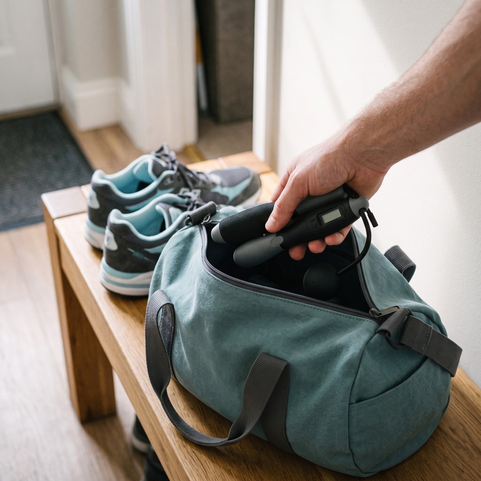 Black rope packed into a daybag on a hallway bench