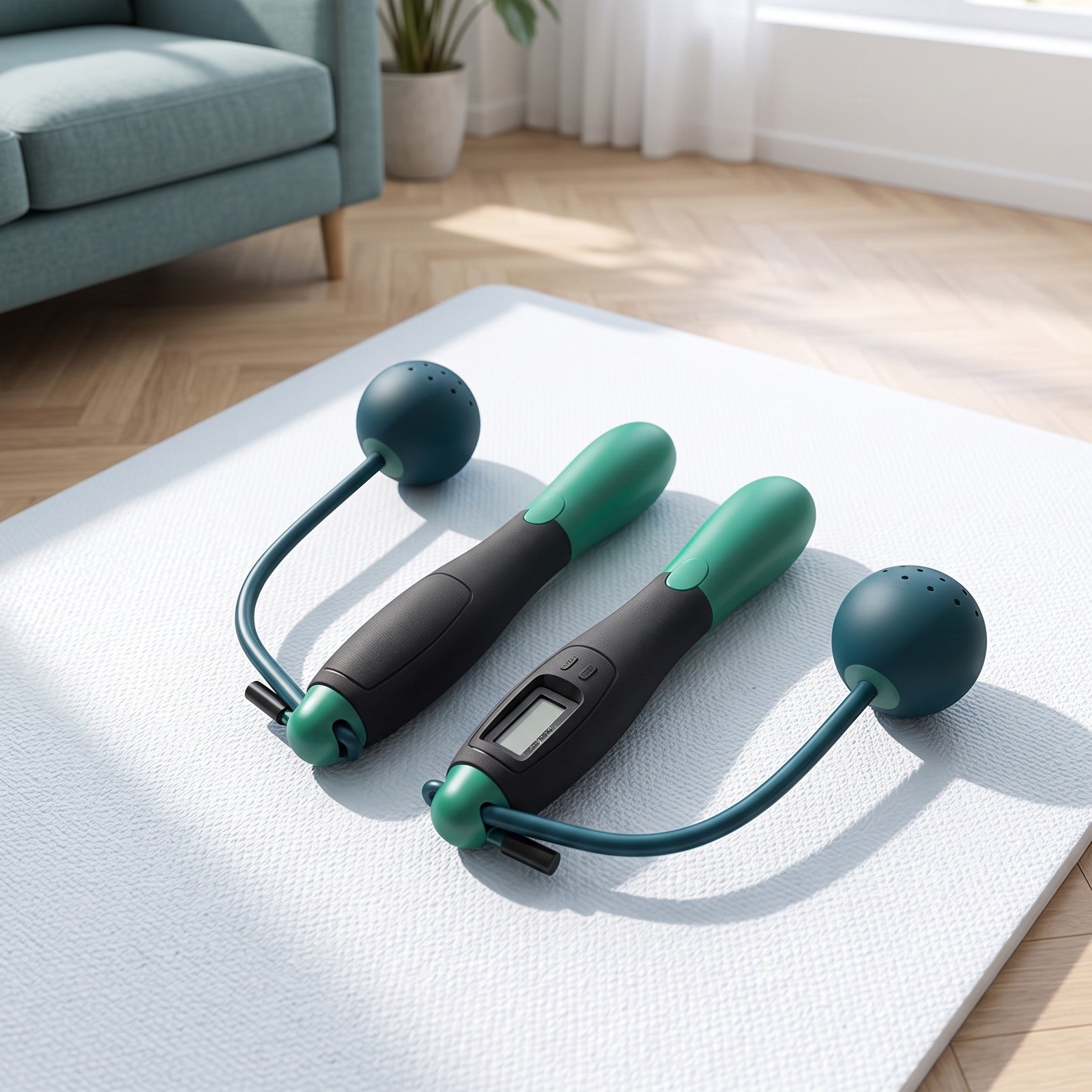 Green cordless weighted rope set for indoor cardio