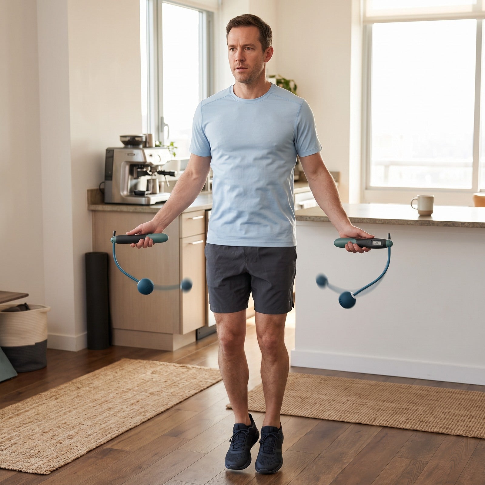 Man with Green rope in a kitchen-adjacent space before breakfast