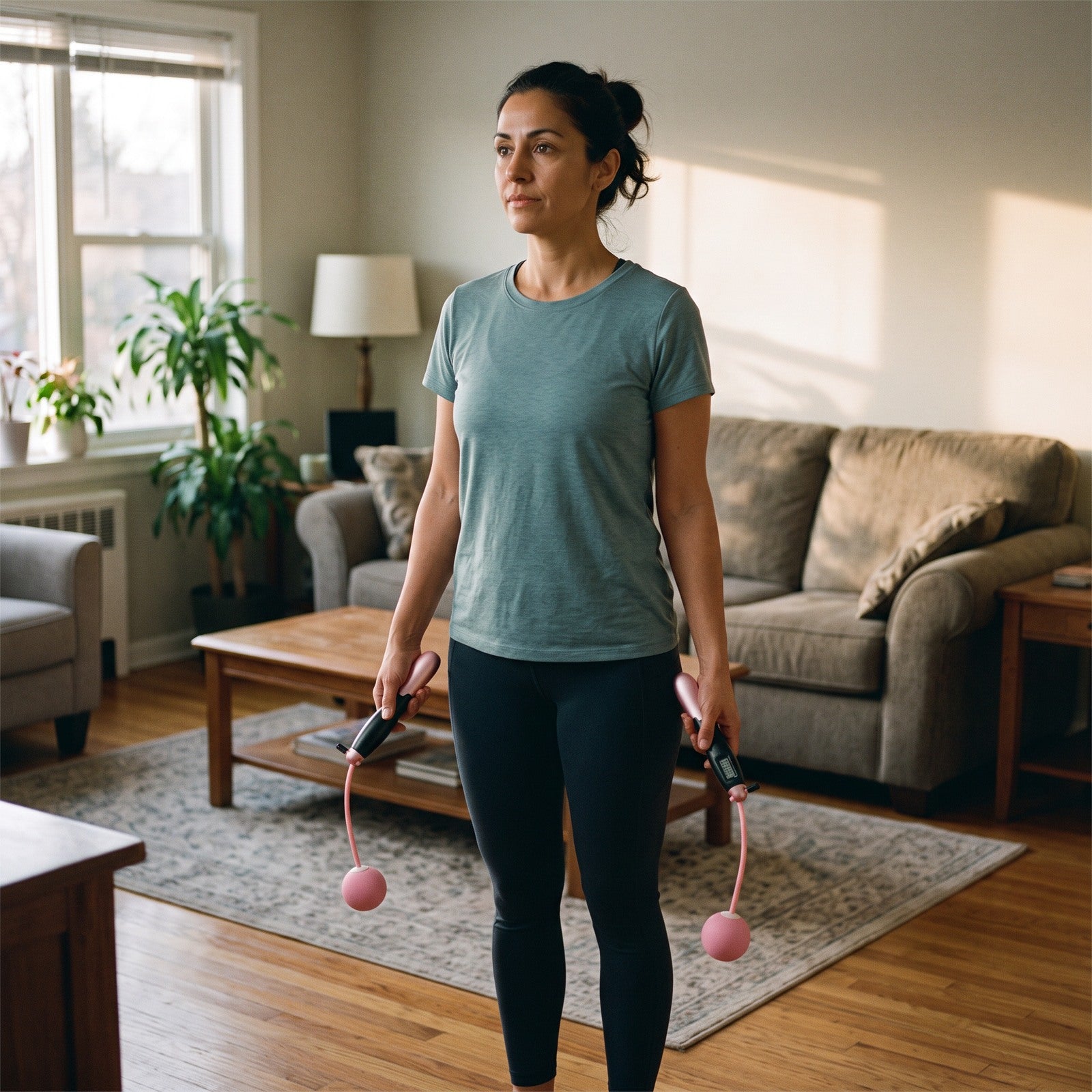 Woman using Black and pink ball cords in a living room