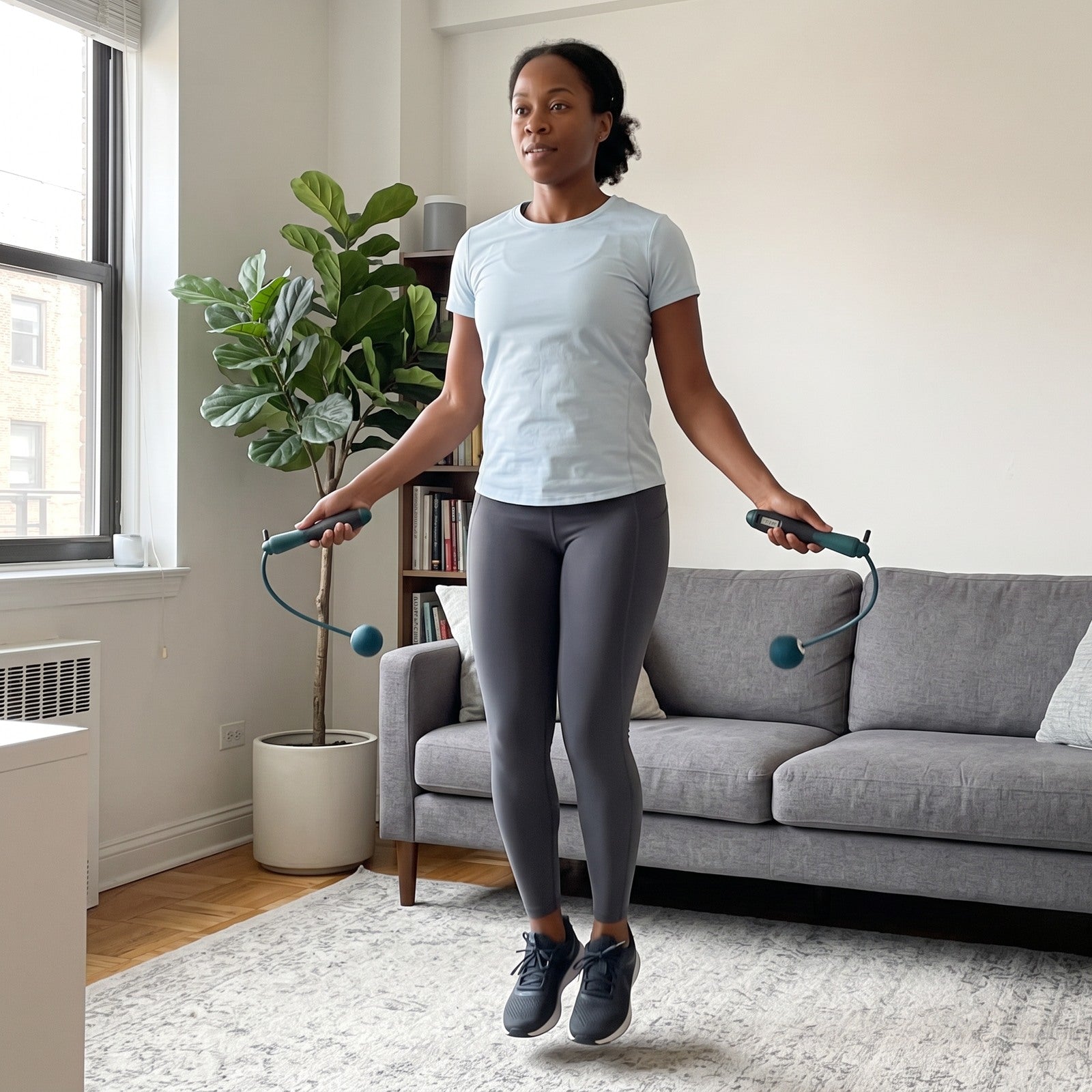 Green cordless rope in a home workout