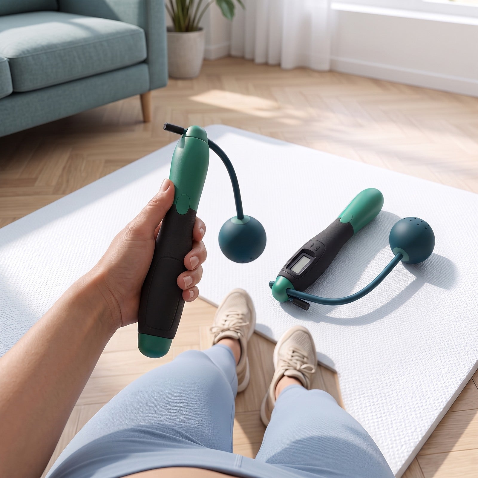 Owner view of Green rope with pale blue leggings in a living room