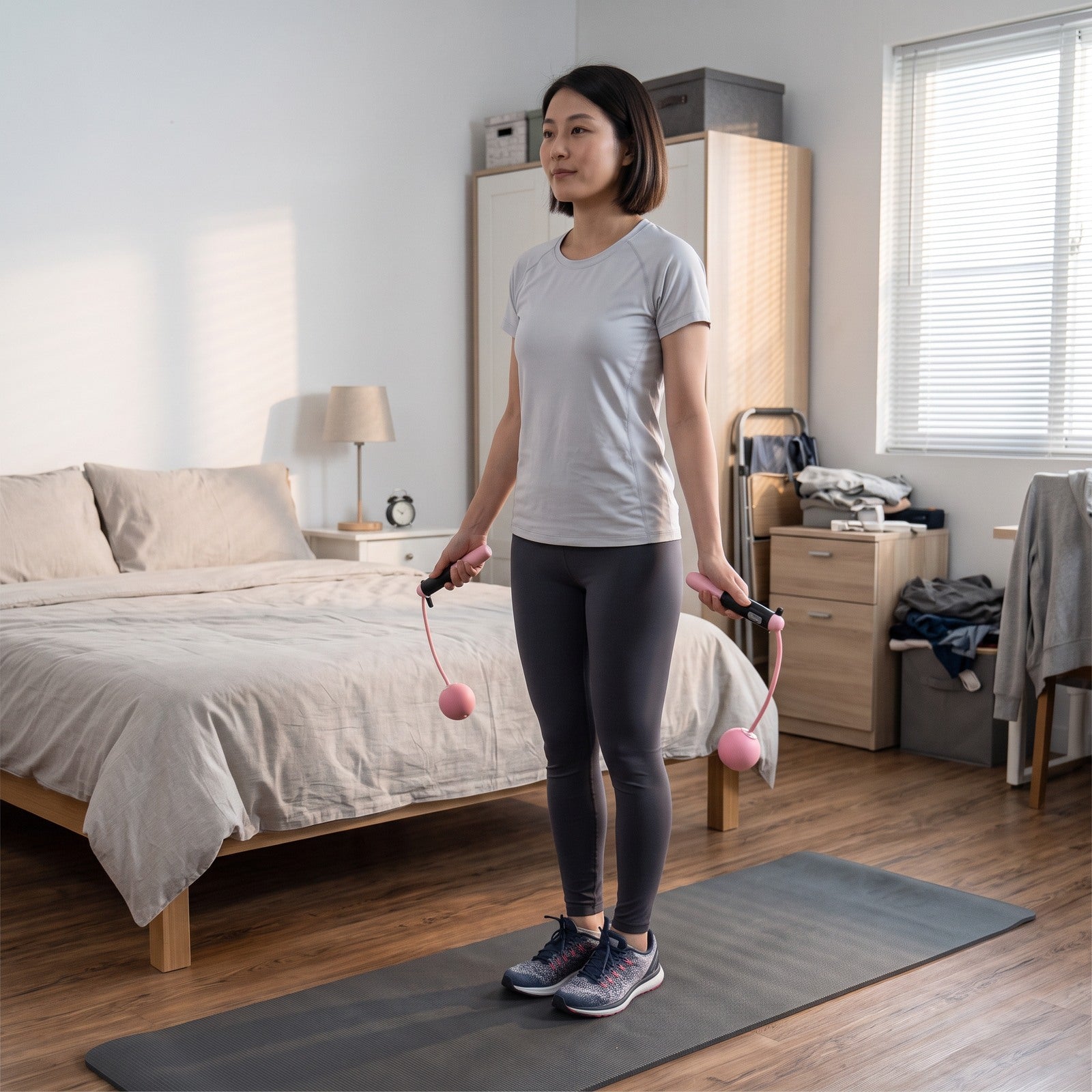 Woman using Black and pink rope in a bedroom