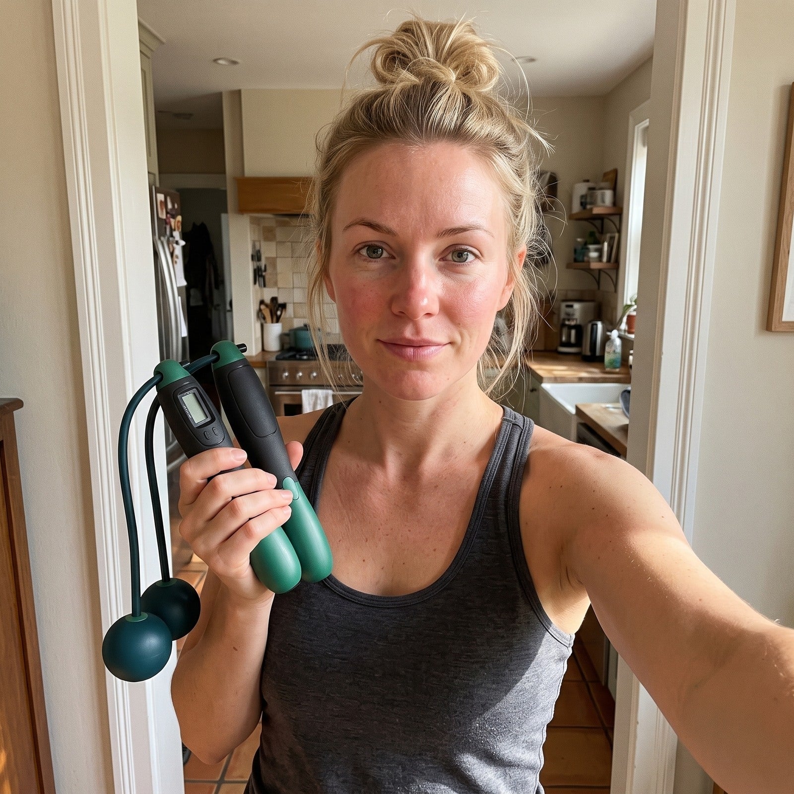 Blonde woman selfie with Green rope in a kitchen doorway