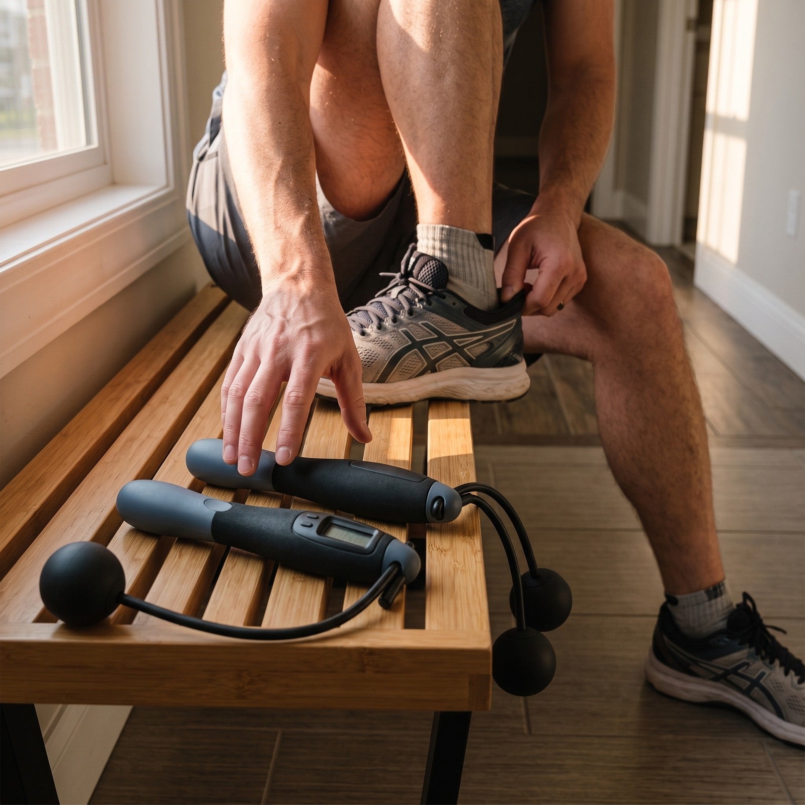 Man with Black rope on a bench getting trainers ready