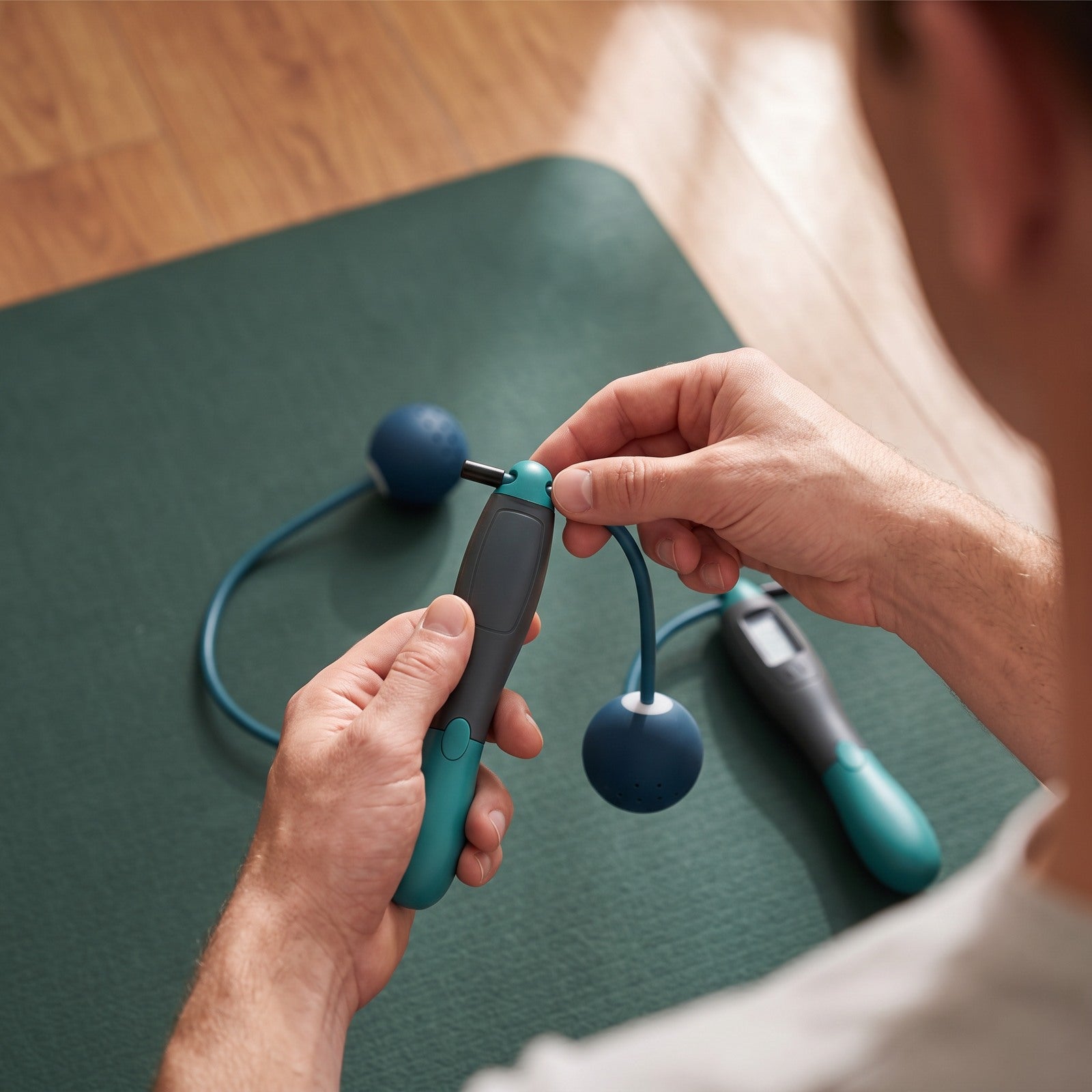 Hands adjusting a Green short cord before use