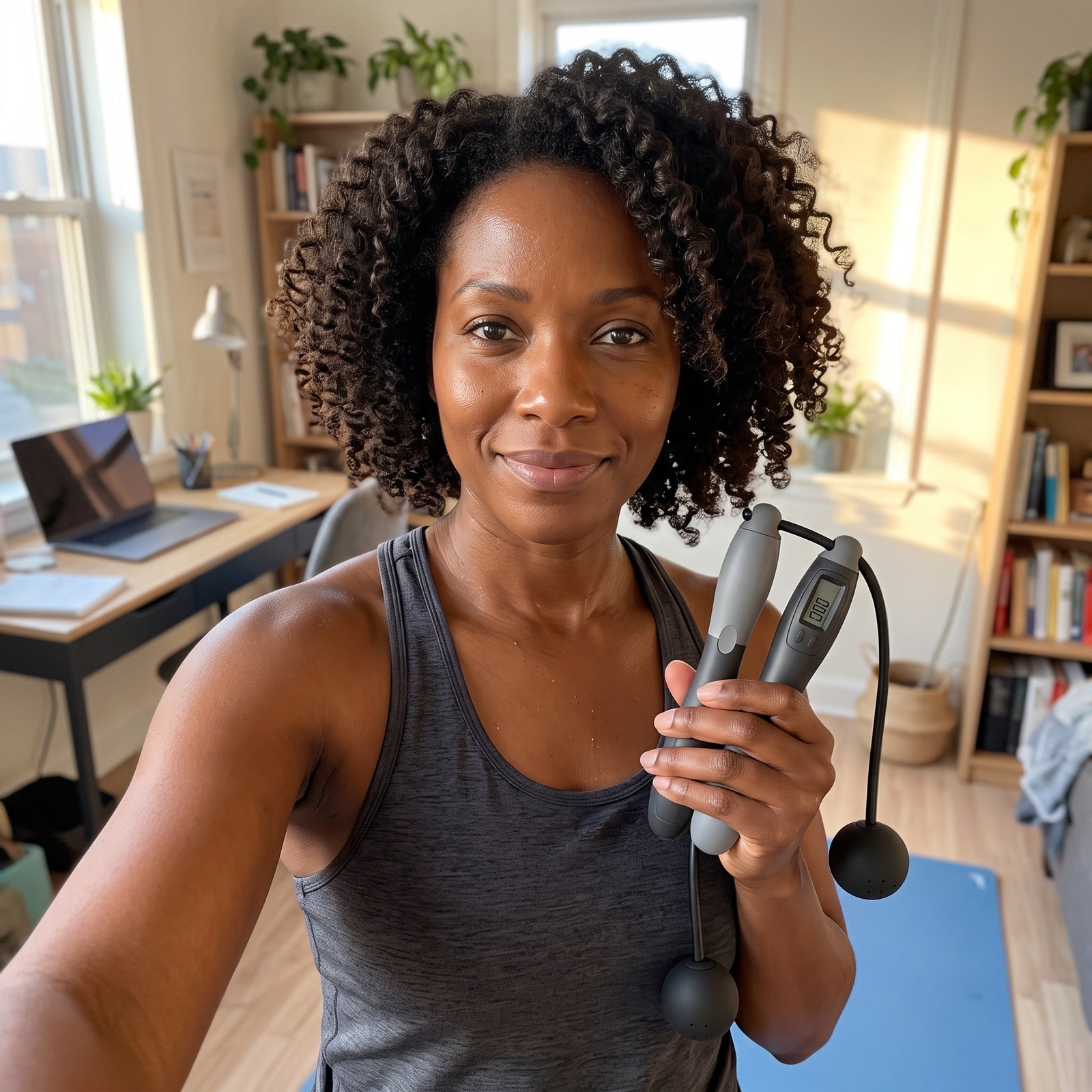 Woman selfie with Black rope in an apartment office