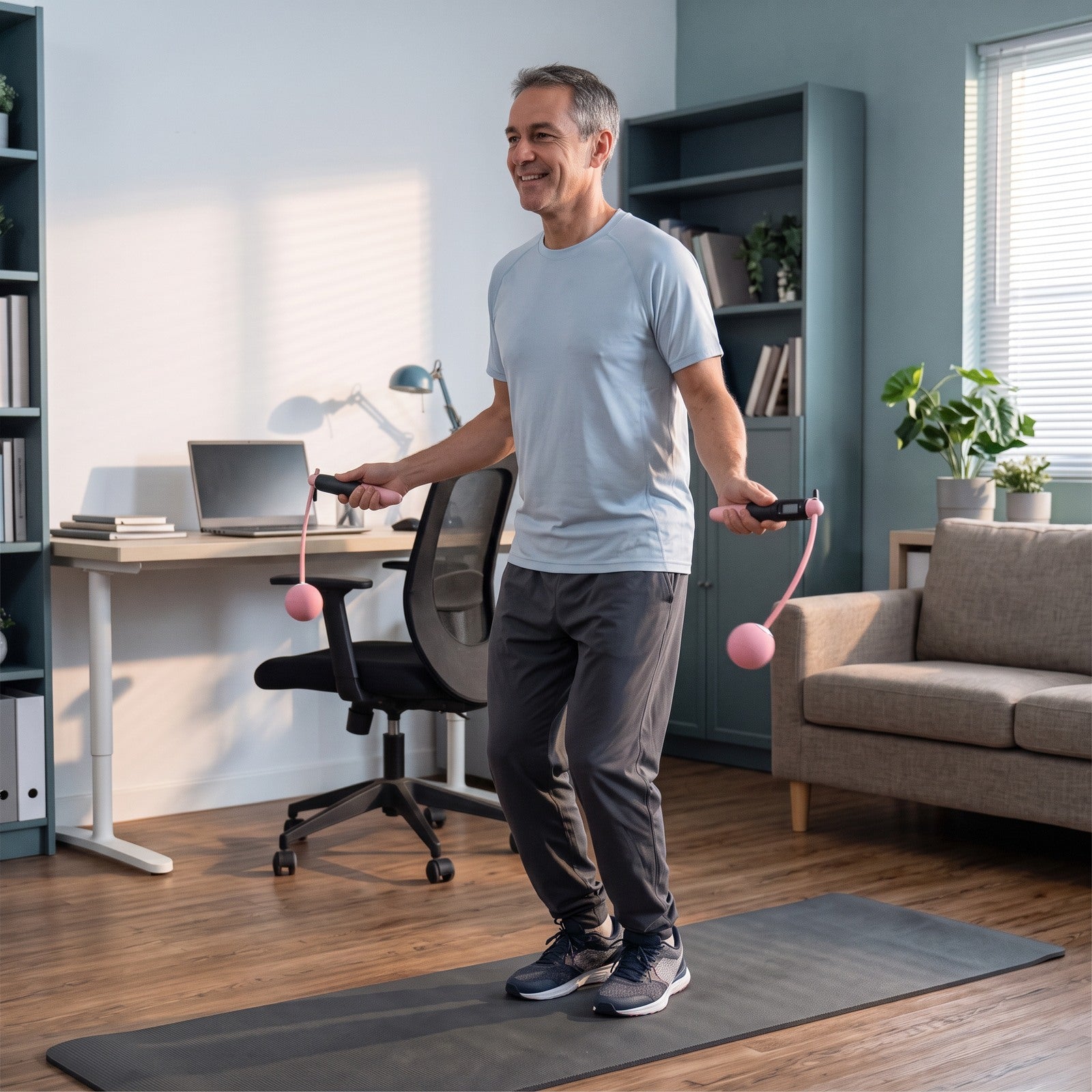 Grey-haired man using Black and pink rope in a living room