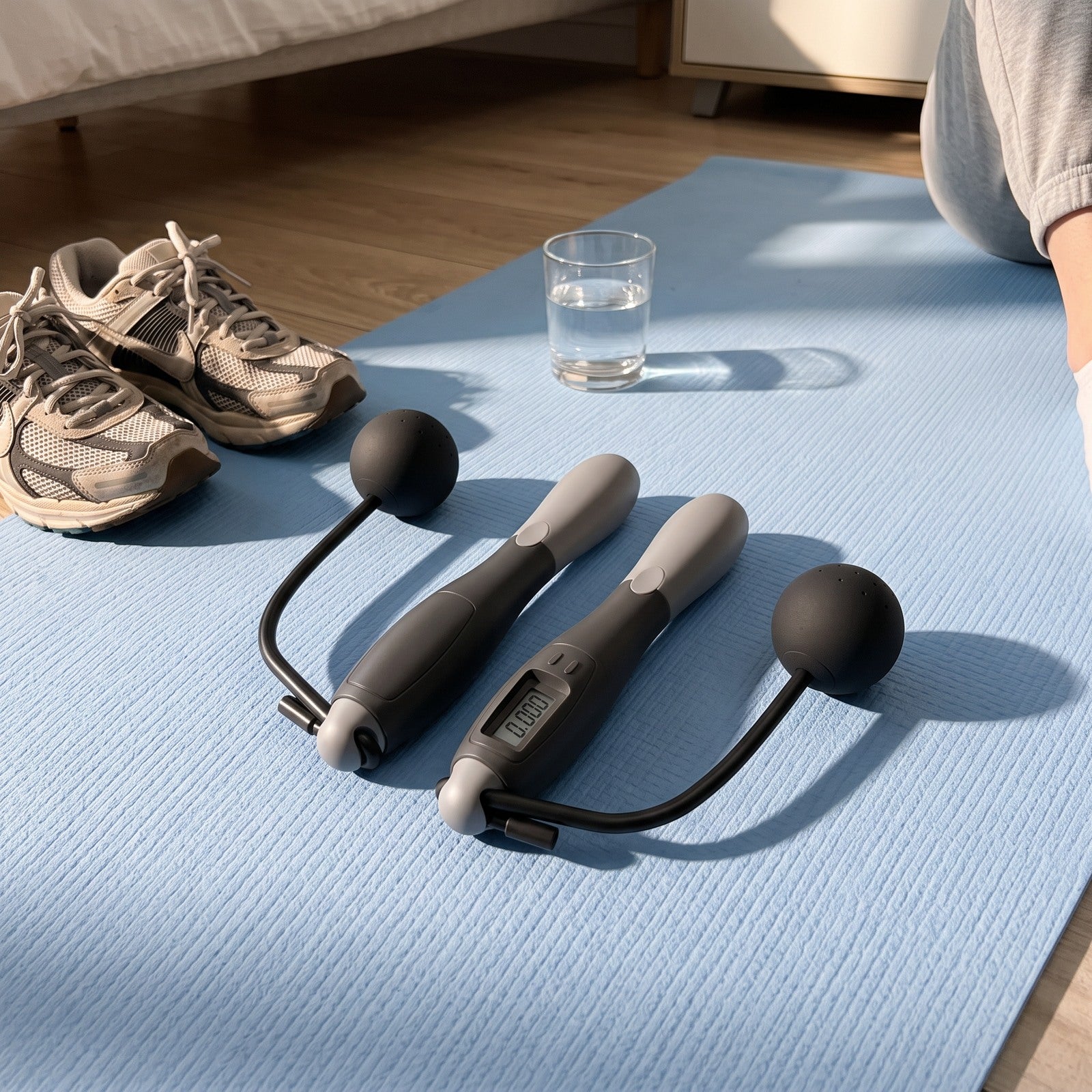 Black rope after use beside a mat, trainers and water