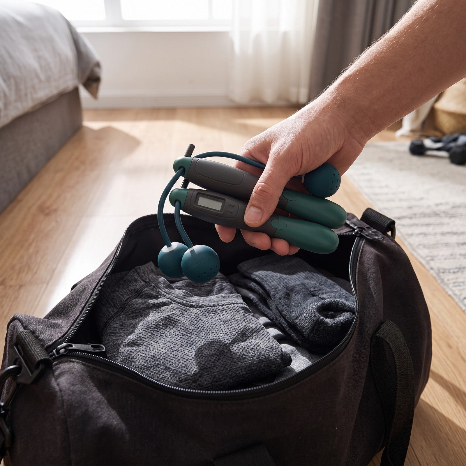 Hand packing Green rope into a gym bag in a bedroom
