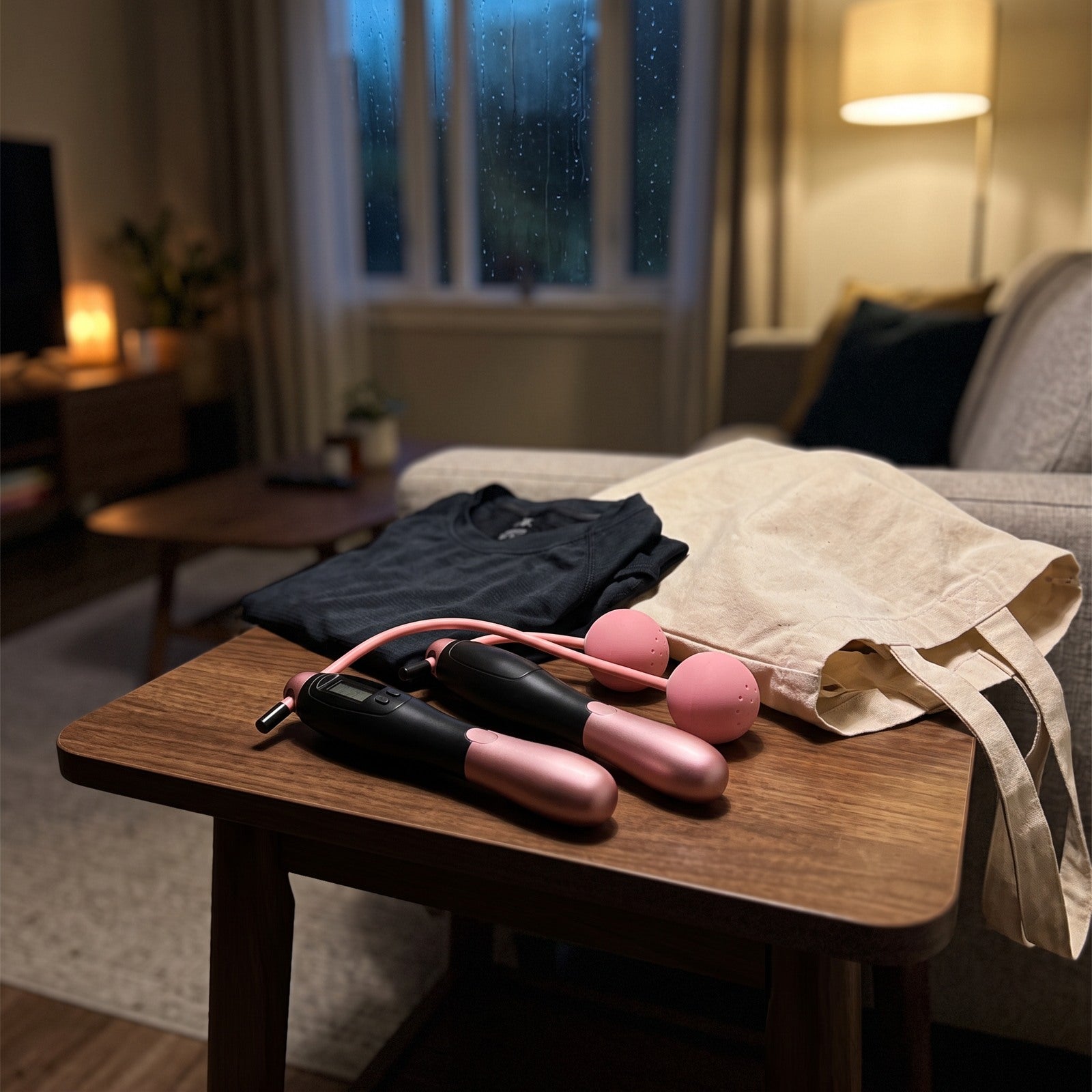 Black and pink rope beside a lamp and workout tee on a rainy evening