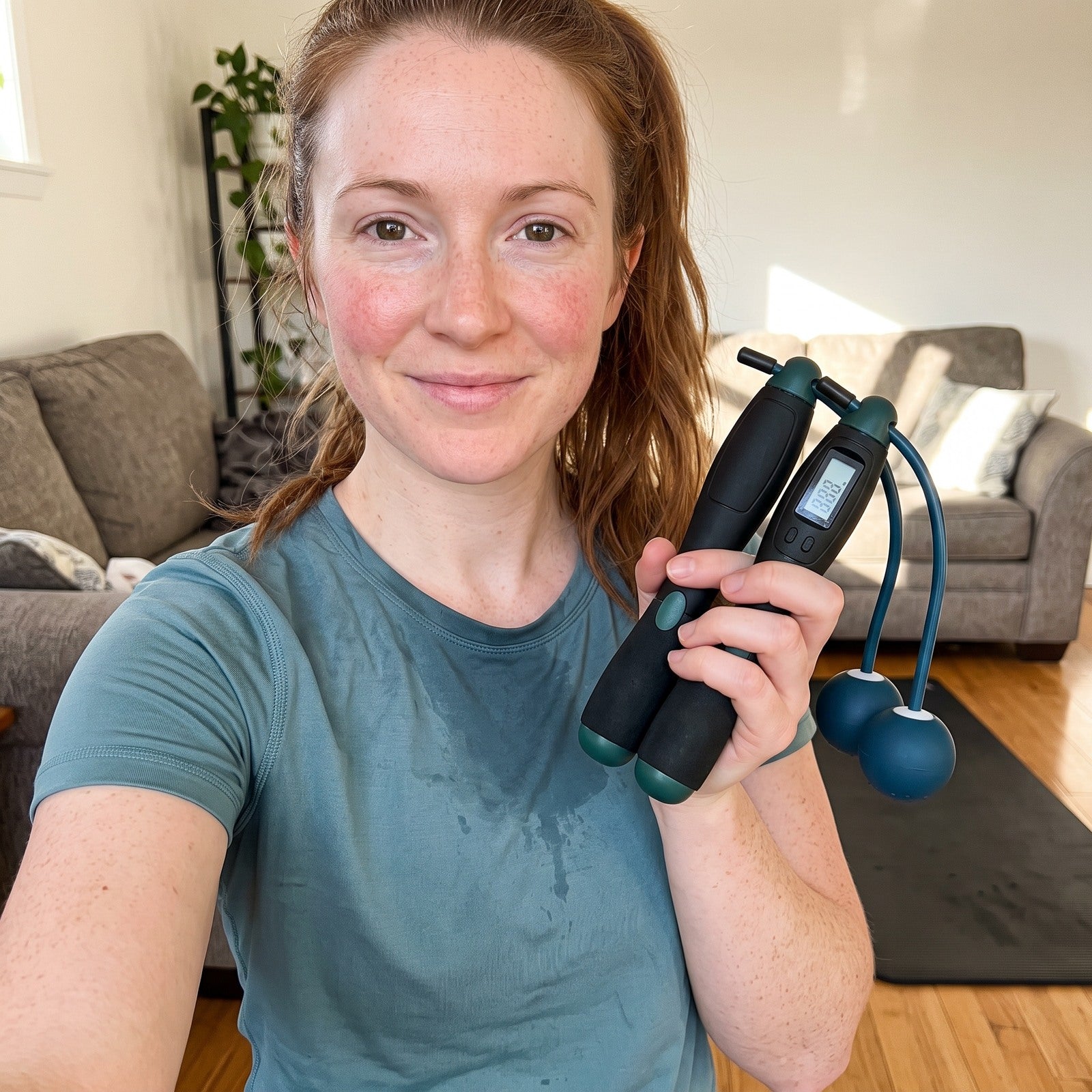 Woman taking a selfie with Green rope in her living room