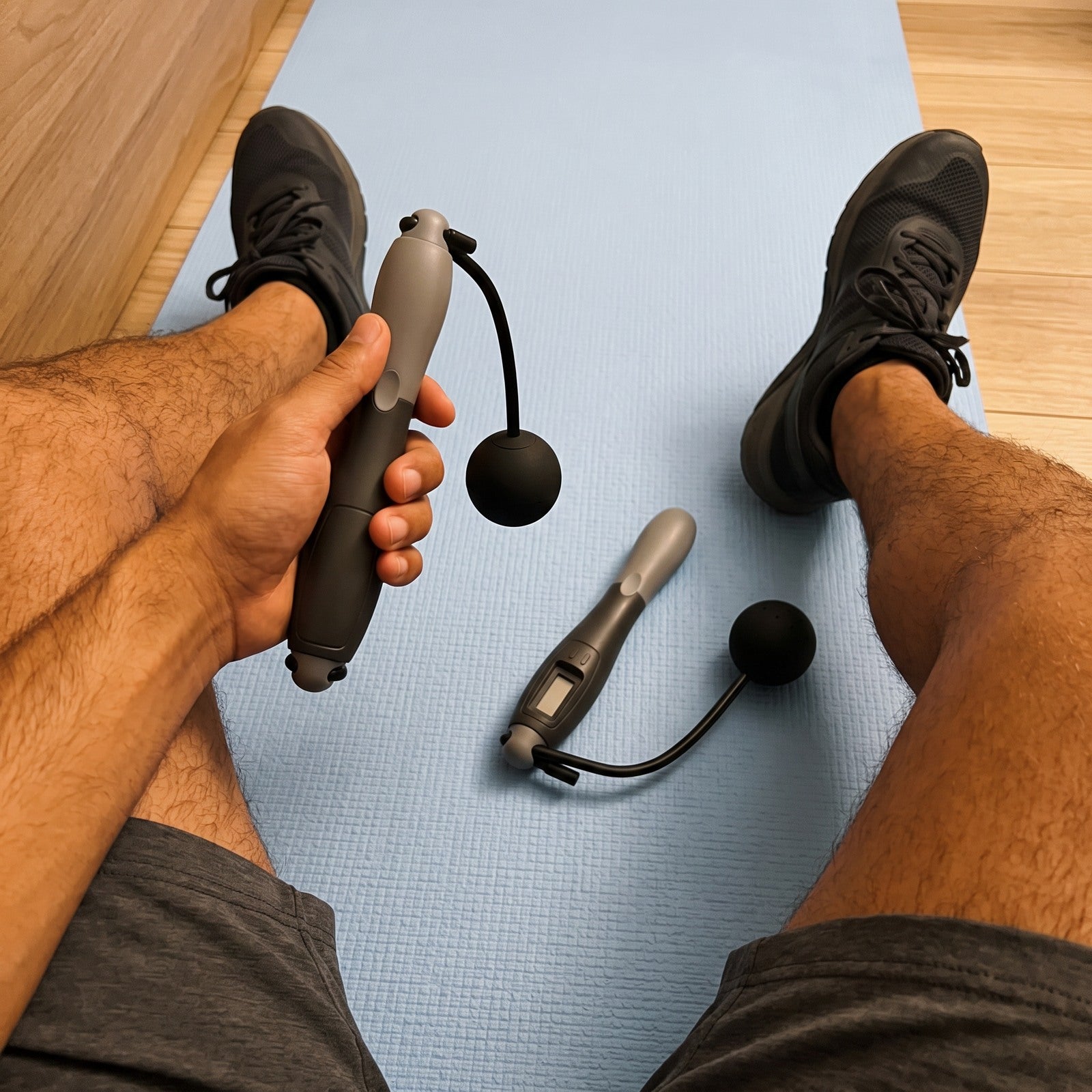 Owner view of Black rope above a mat in a rental home