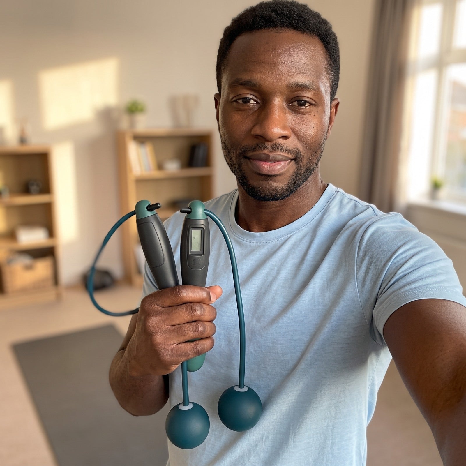 Man taking a selfie with Green rope in a spare room