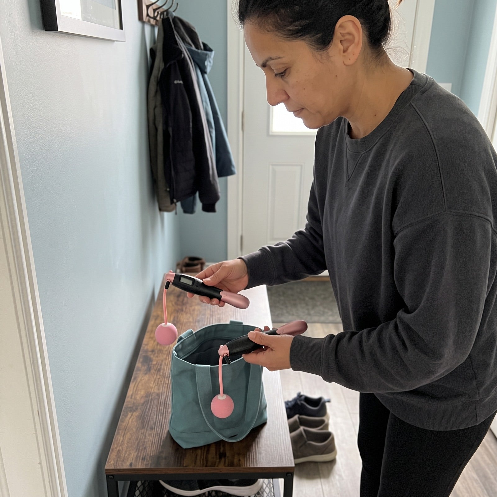 Woman packing Black and pink rope beside trainers in a hallway